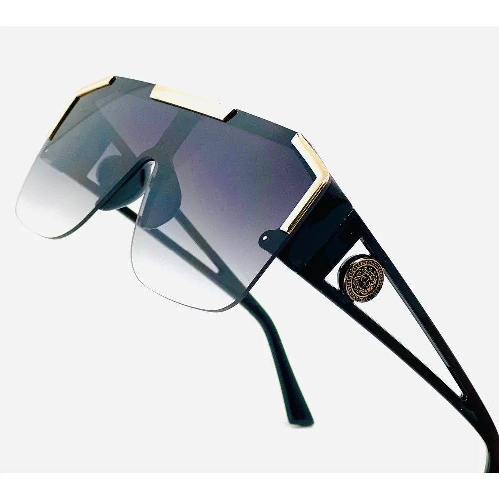 Black Gold Oversized Square Flat Top Shield Women Sunglasses Gradient Smoke Lens